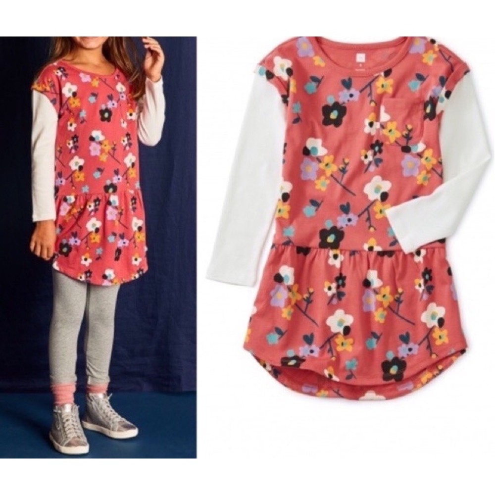 Tea Collection Girls Pink Floral Long Sleeve Drop Waist Cotton Dress Size 6